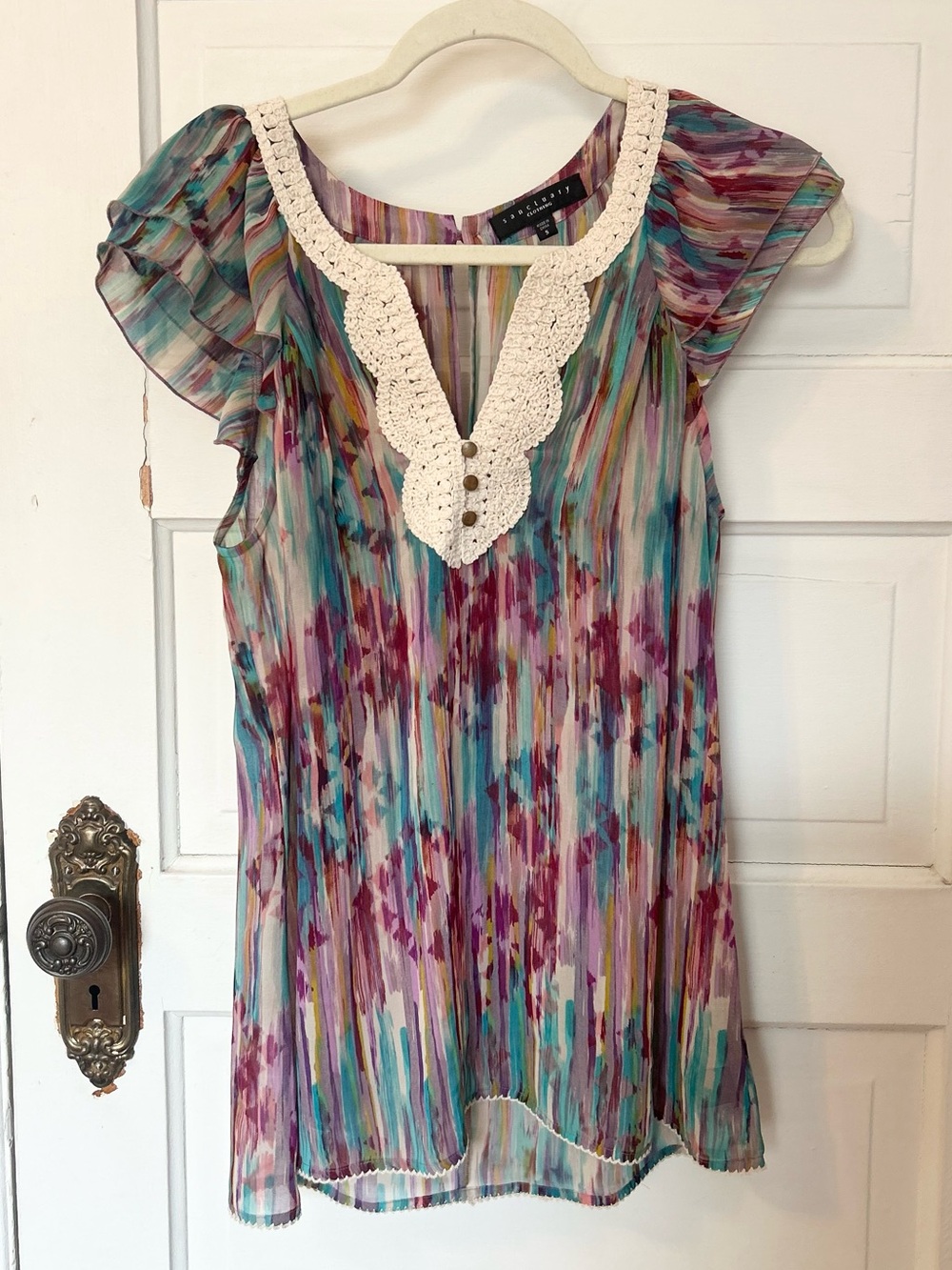 Anthropologie Watercolor Crochet Trim Top Small Boho Flutter Sheer Colorful